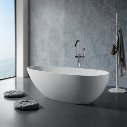 Luxury 67" Freestanding Matte White Bathtub, Solid Surface Soaking Tub with Overflow and Pop-up Drain for Modern Bathrooms