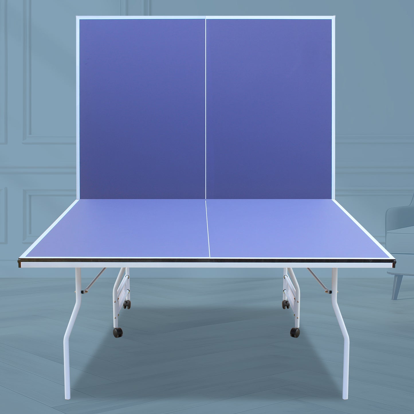 9-Foot Foldable Indoor Table Tennis Table with Net, Regulation-Size Ping Pong, Playback Blue