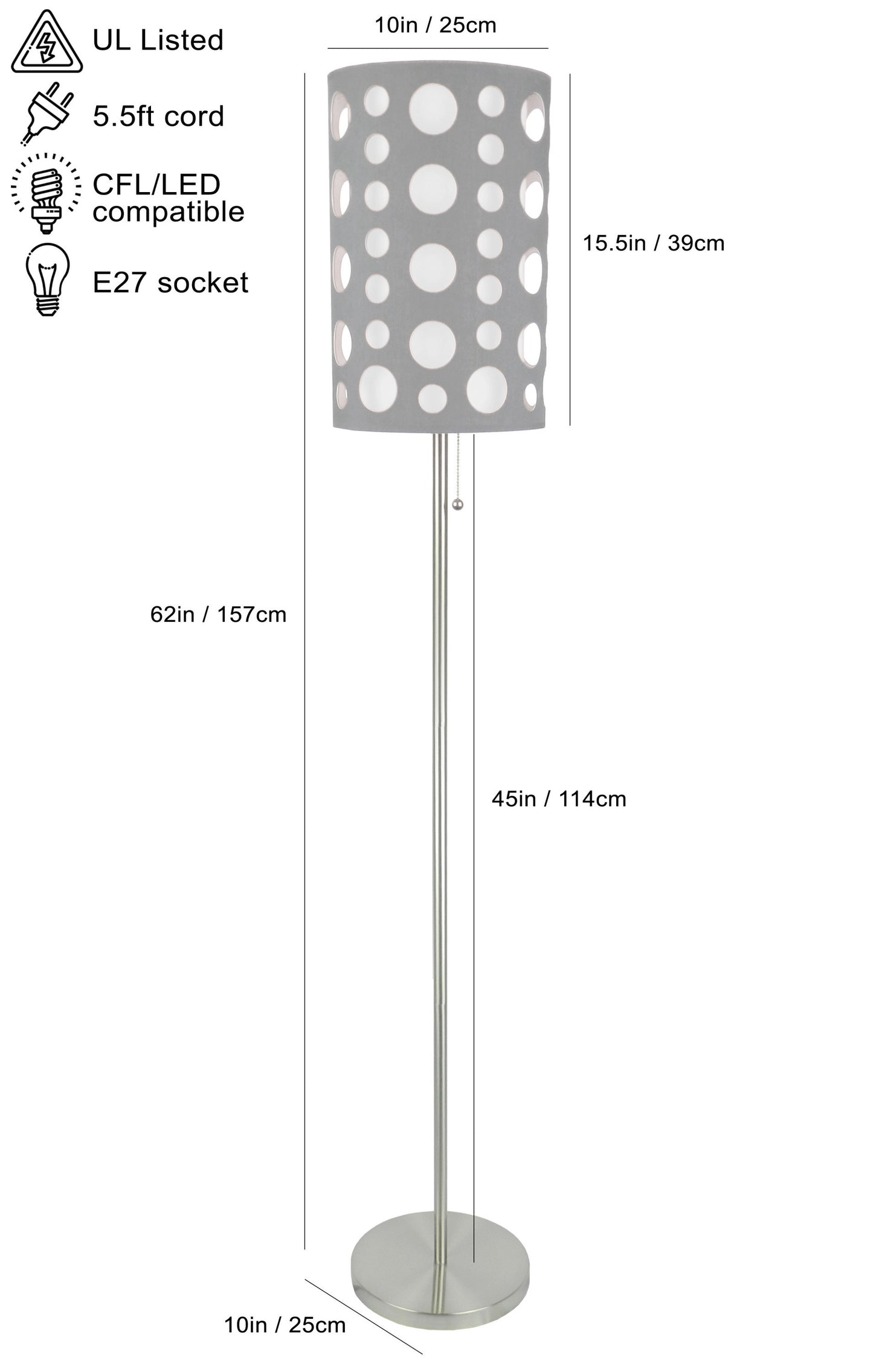62-Inch Retro Floor Lamp with Chrome Frame, Dual-Layer Fabric Shade, Pull-Chain, UL Listed Grey/White