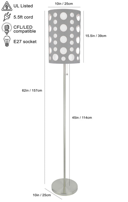 62-Inch Retro Floor Lamp with Chrome Frame, Dual-Layer Fabric Shade, Pull-Chain, UL Listed Grey/White