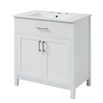 Elegant 30-Inch White Bathroom Vanity with Ceramic Sink and Ample Storage for Compact Spaces