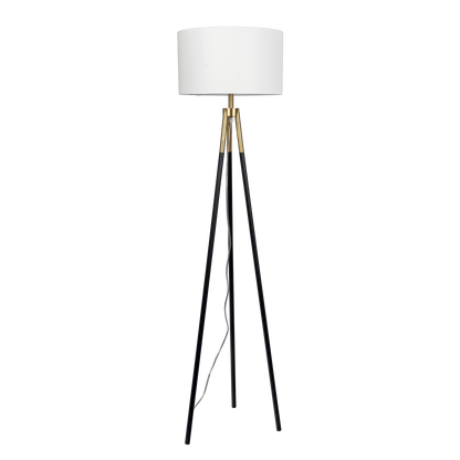 Floor Lamp with On/Off Switch, Triple-Leg Metal Frame, White Fabric Shade, Room Lighting Brassed Gold