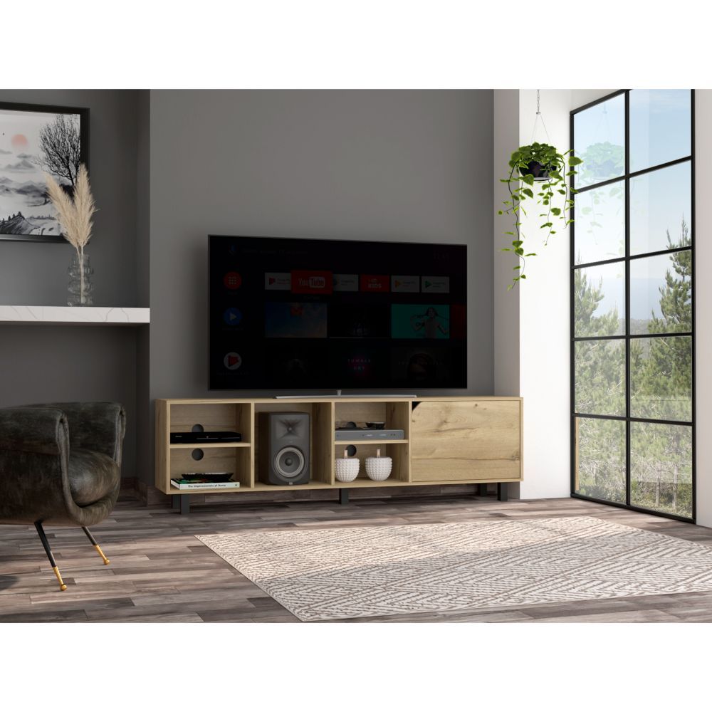 Contemporary 5-Shelf TV Stand for 70-79-Inch TVs, Open Shelves, Cable Management, Five Legs, Light Oak