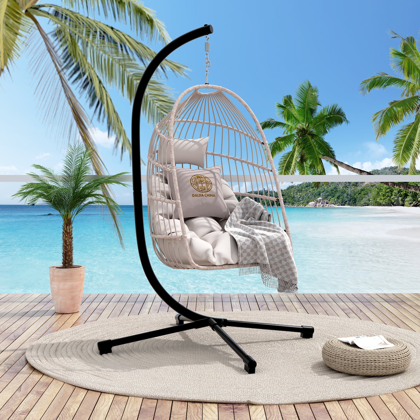 Foldable Hanging Egg Chair With Stand And Pillow For Patio HDPE Rattan And Aluminum Frame 42.12 x 29.13 x 24 Beige