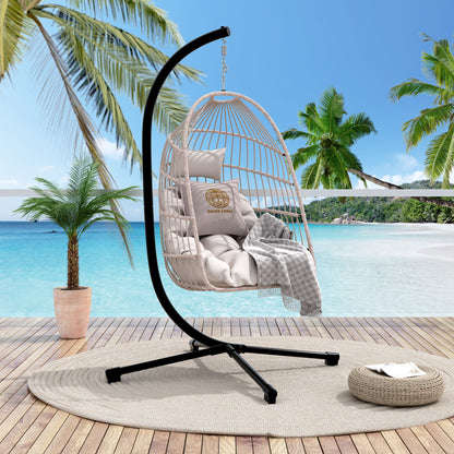 Foldable Hanging Egg Chair With Stand And Pillow For Patio HDPE Rattan And Aluminum Frame 42.12 x 29.13 x 24 Beige