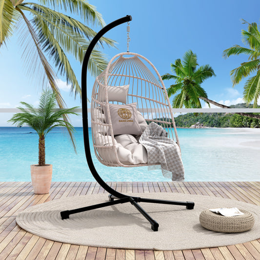 Foldable Hanging Egg Chair With Stand And Pillow For Patio HDPE Rattan And Aluminum Frame 42.12 x 29.13 x 24 Beige