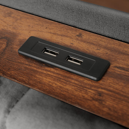 Modern Queen Size Upholstered Platform Bed with Hydraulic Storage, LED Lighting, and USB Port - Grey (Mattress Not Included)