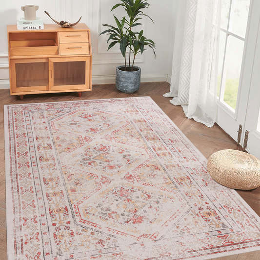 8x10 Area Rug, Machine Washable, Non-Slip Low-Pile Chenille, Foldable Kid & Pet Friendly Bedroom - Beige