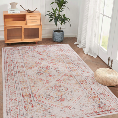 Machine-Washable 5x8 Low-Pile Area Rug with Non-Slip Backing, Non-Shedding, Foldable, Kid & Pet Beige