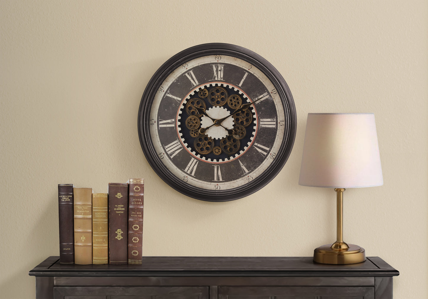 23-Inch Round Wall Clock with Gear Mechanism, Quartz Movement, Roman Numerals, Non-Ticking, Brown