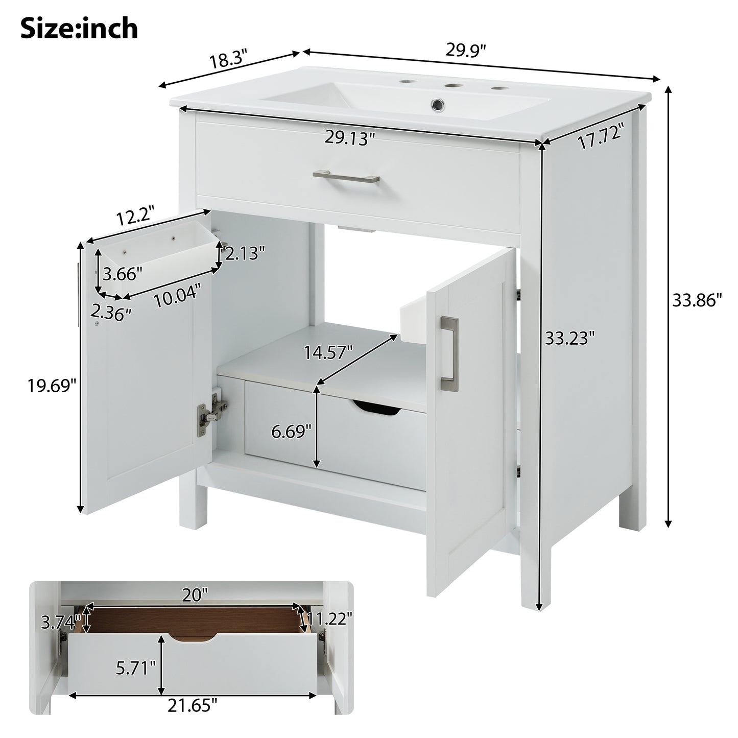Elegant 30-Inch White Bathroom Vanity with Ceramic Sink and Ample Storage for Compact Spaces