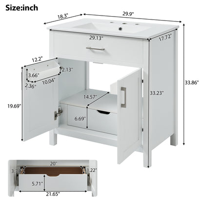 Elegant 30-Inch White Bathroom Vanity with Ceramic Sink and Ample Storage for Compact Spaces