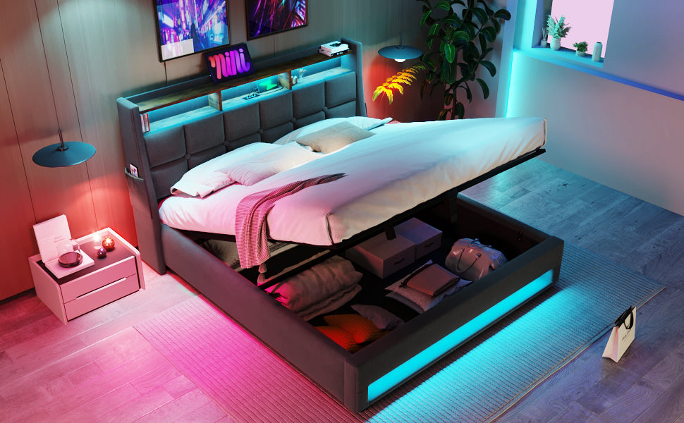 Modern Queen Size Upholstered Platform Bed with Hydraulic Storage, LED Lighting, and USB Port - Grey (Mattress Not Included)