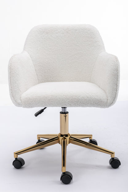 Elegant White Teddy Fabric Home Office Chair with Gold Metal Legs and 360° Swivel Function
