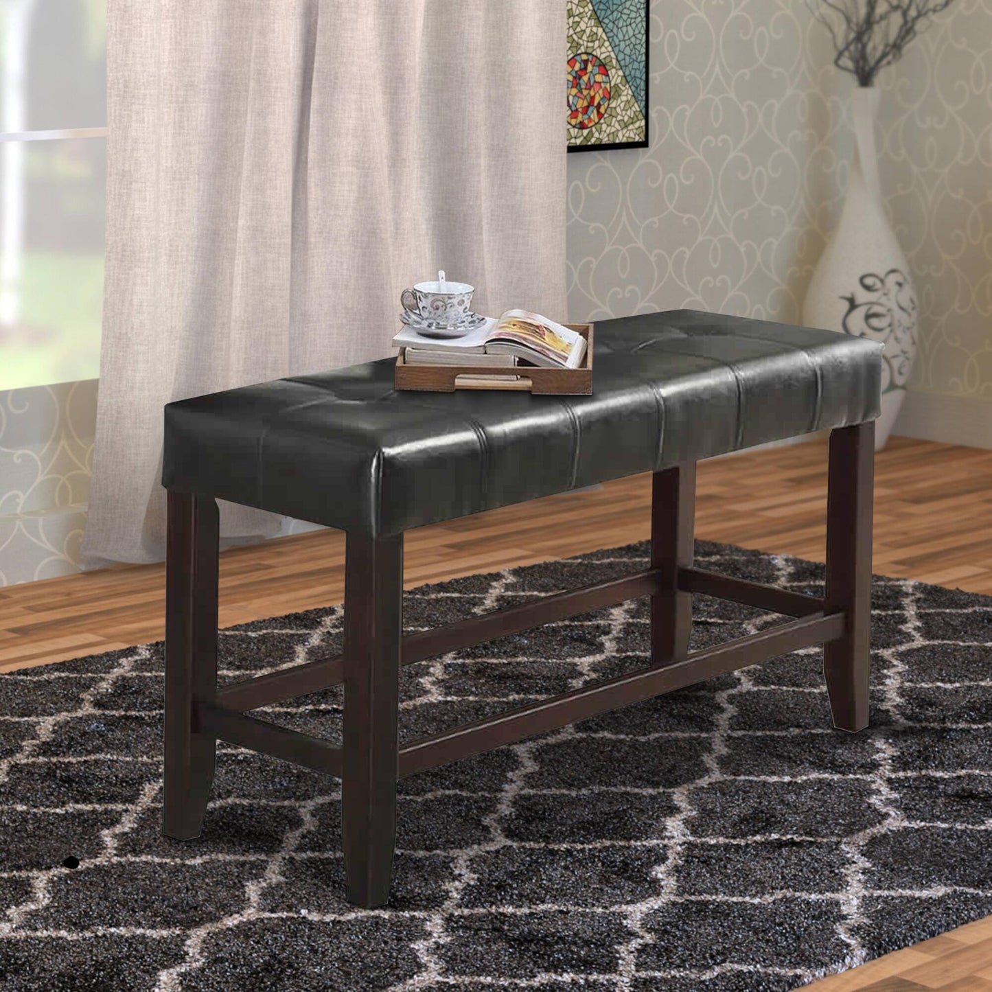 Counter Height 48in Dining Bench, Faux Leather Tufted Seat, Rubberwood Base, Farmhouse Dining Room Black Brown Finish