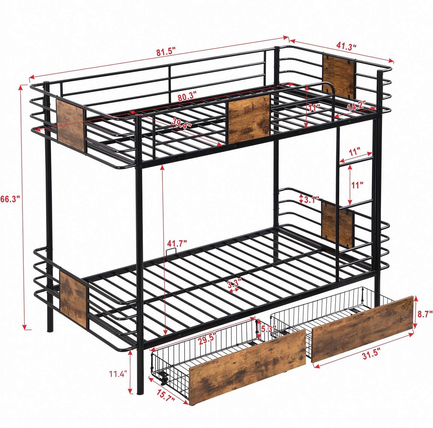 Twin XL Metal Bunk Bed with MDF Guardrails and Storage Drawers in Black