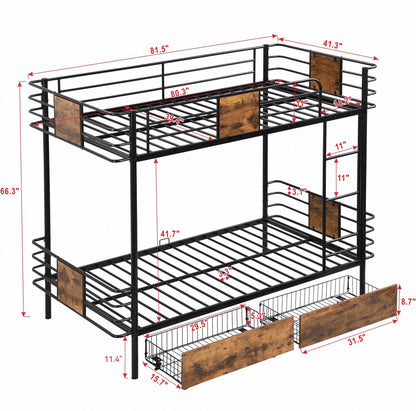 Twin XL Metal Bunk Bed with MDF Guardrails and Storage Drawers in Black