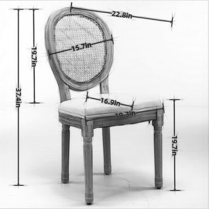 French-Style Solid Wood Dining Chair Set of 2, Linen, Rattan Back, Foam & Steel Spring Cushions, Beige