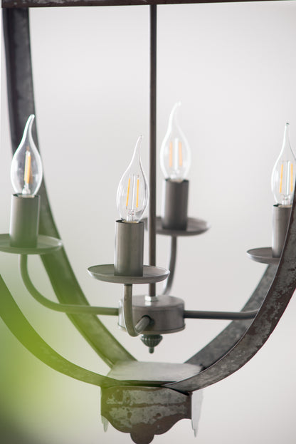 Four-Light Iron Chandelier with Adjustable Chain for Kitchen or Dining — 15.7in Square, Gray Rustic Finish