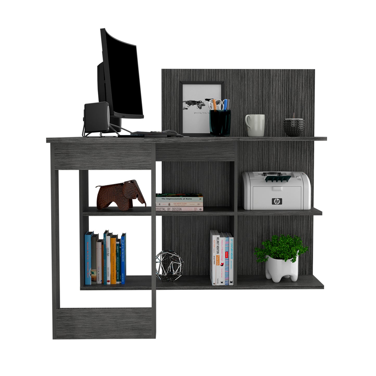 L-Shaped Modern Computer Desk with Five Open Shelves - Smokey Oak