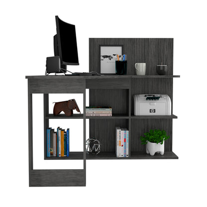 L-Shaped Modern Computer Desk with Five Open Shelves - Smokey Oak