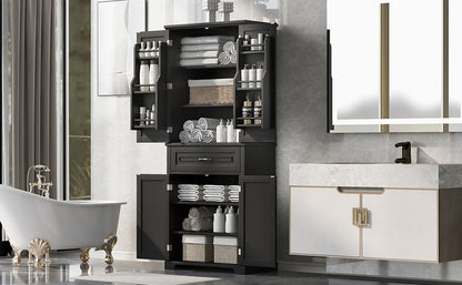 Tall Black Bathroom Storage Cabinet with Adjustable Shelf, Doors, and Drawer for Versatile Organization