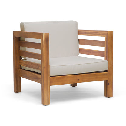 Outdoor Club Chair With Acacia Wood Frame And Fabric Cushion For Patio, Poolside, Garden Or Porch Beige