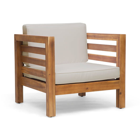 Outdoor Club Chair With Acacia Wood Frame And Fabric Cushion For Patio, Poolside, Garden Or Porch Beige