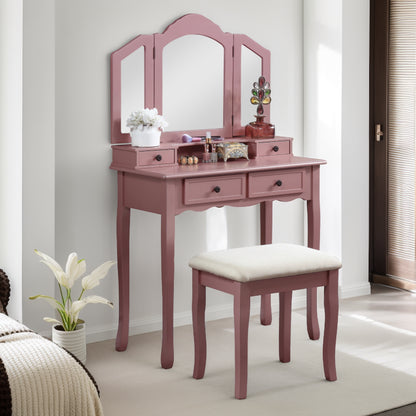 Wooden Vanity Makeup Table and Stool Set with Large Mirror, Storage Drawers, Drawer Organizer for Bedroom, Rose Gold