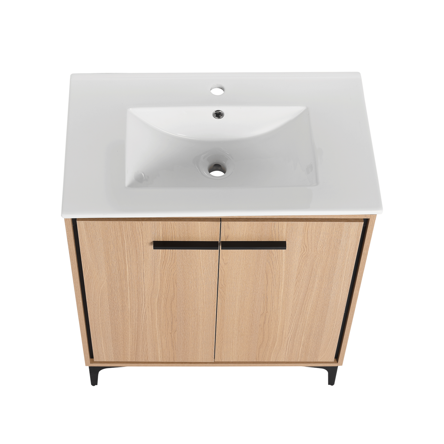 30-Inch Oak Bathroom Vanity Base with Ceramic Basin and Double Door Storage Cabinet