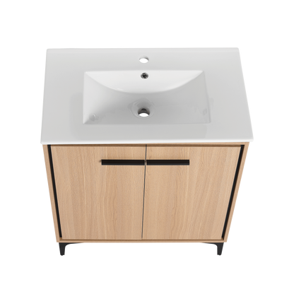 30-Inch Oak Bathroom Vanity Base with Ceramic Basin and Double Door Storage Cabinet