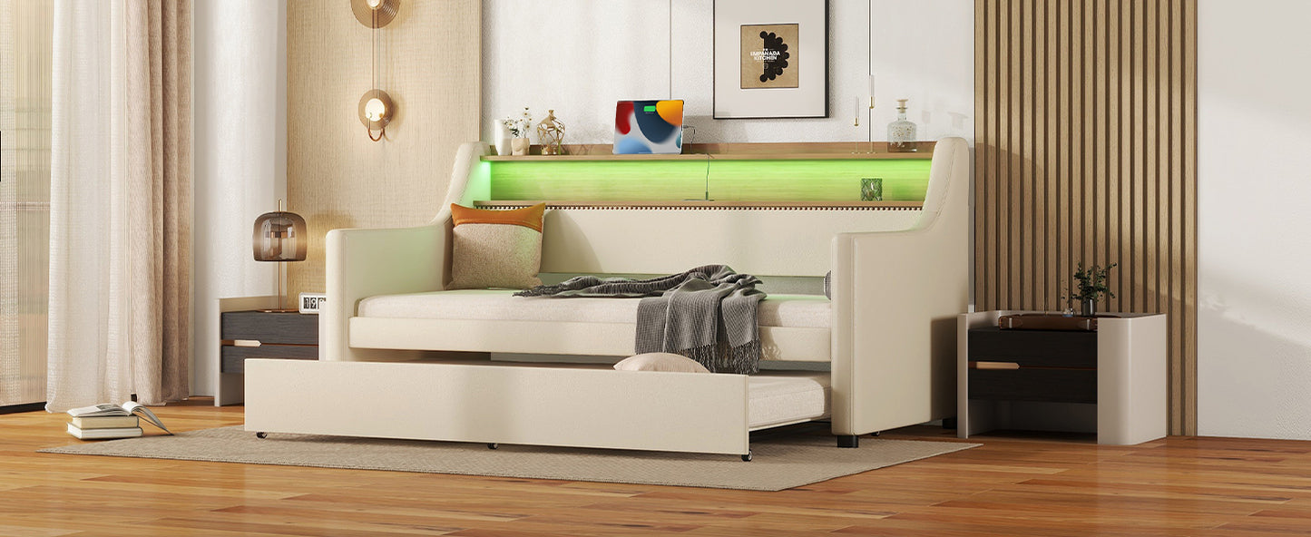 Beige Twin Size Upholstered Daybed with Trundle, USB Charging Station & LED Lighting