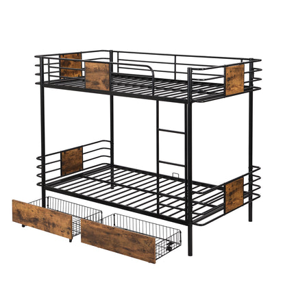 Twin XL Metal Bunk Bed with MDF Guardrails and Storage Drawers in Black