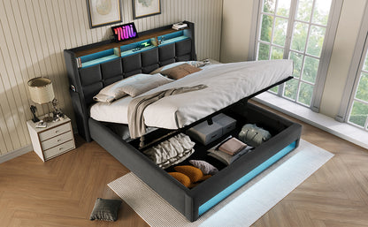 Modern Queen Size Upholstered Platform Bed with Hydraulic Storage, LED Lighting, and USB Port - Grey (Mattress Not Included)