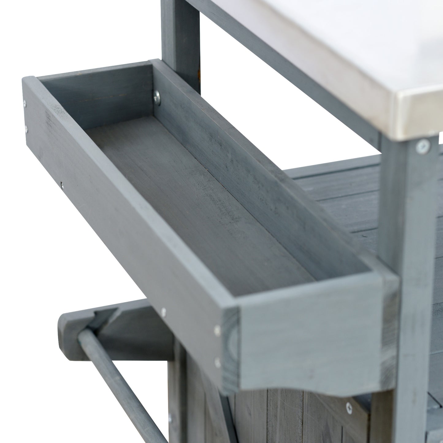 Rolling Outdoor Kitchen Island with Stainless Steel Top, Grey Blue Fir Wood Bar Cart & Storage Cabinet for BBQ and Garden Parties