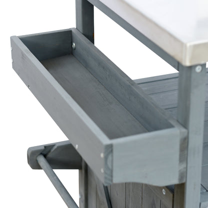 Rolling Outdoor Kitchen Island with Stainless Steel Top, Grey Blue Fir Wood Bar Cart & Storage Cabinet for BBQ and Garden Parties