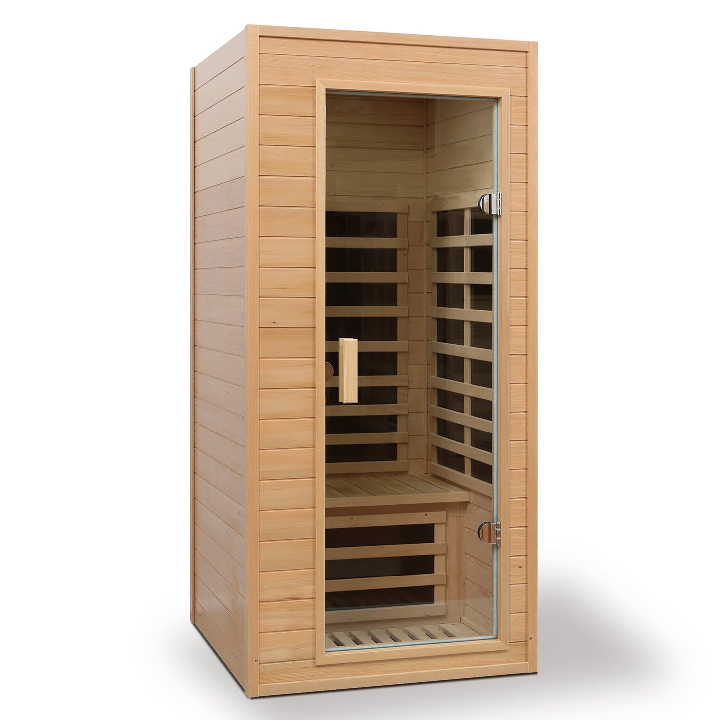 One-Person Far Infrared Indoor Sauna Room, 1290W, 5 Heaters, Hemlock Wood, Bluetooth, Natural