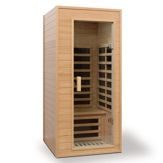 One-Person Far Infrared Indoor Sauna Room, 1290W, 5 Heaters, Hemlock Wood, Bluetooth, Natural