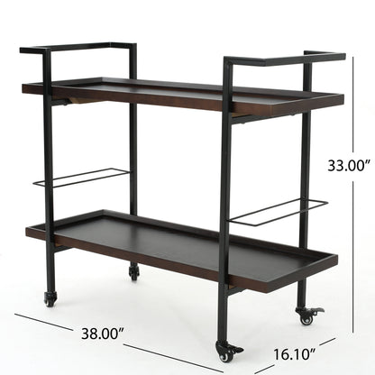 Modern Industrial Rolling Bar Cart With Wood Shelves