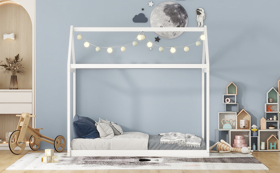 White Twin Size Pine Wood House Bed for Kids
