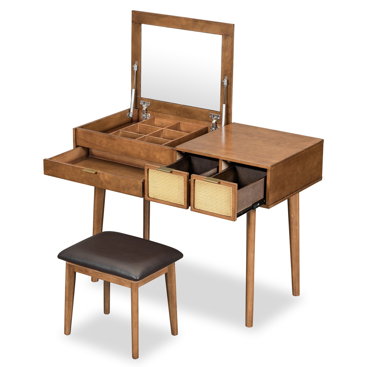43.3-Inch Classic Wood Vanity Set with Flip-Top Mirror, Stool, 3 Drawers for Dressing Table Bedroom Brown