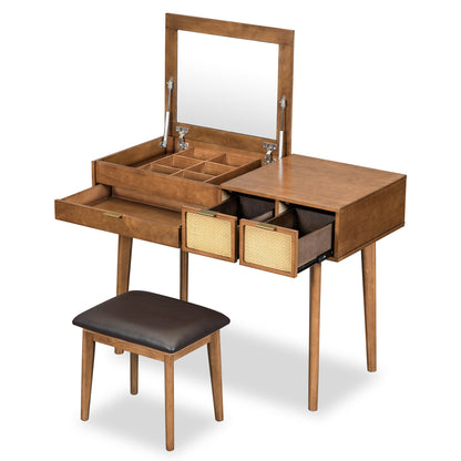 43.3-Inch Classic Wood Vanity Set with Flip-Top Mirror, Stool, 3 Drawers for Dressing Table Bedroom Brown