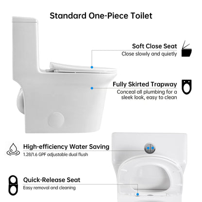 Elongated Comfort Height One-Piece Toilet with Quiet Dual-Flush System, CUPC & WaterSense Certified, White Ceramic, Soft Close Seat