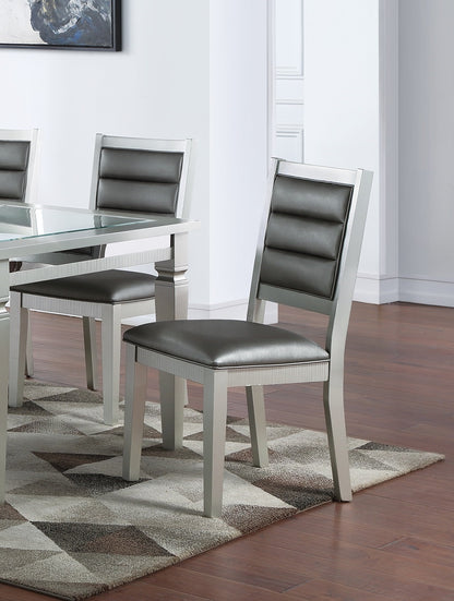 Set of 2 Faux Leather Dining Chairs, Cushioned Seats, Tufted Back, Rubberwood Frame, 18x23x39 in Silver