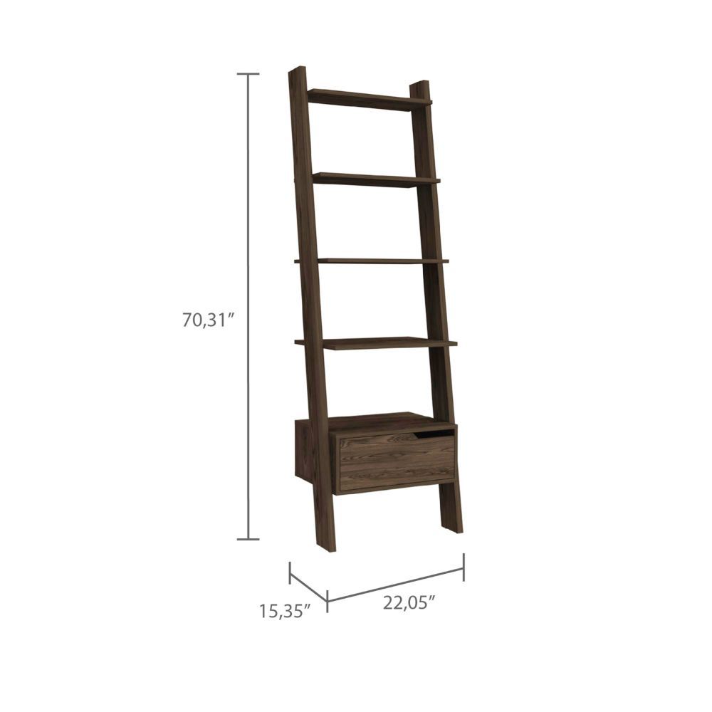 Dark Walnut Ladder Shelf with One Drawer and Five Spacious Open Shelves