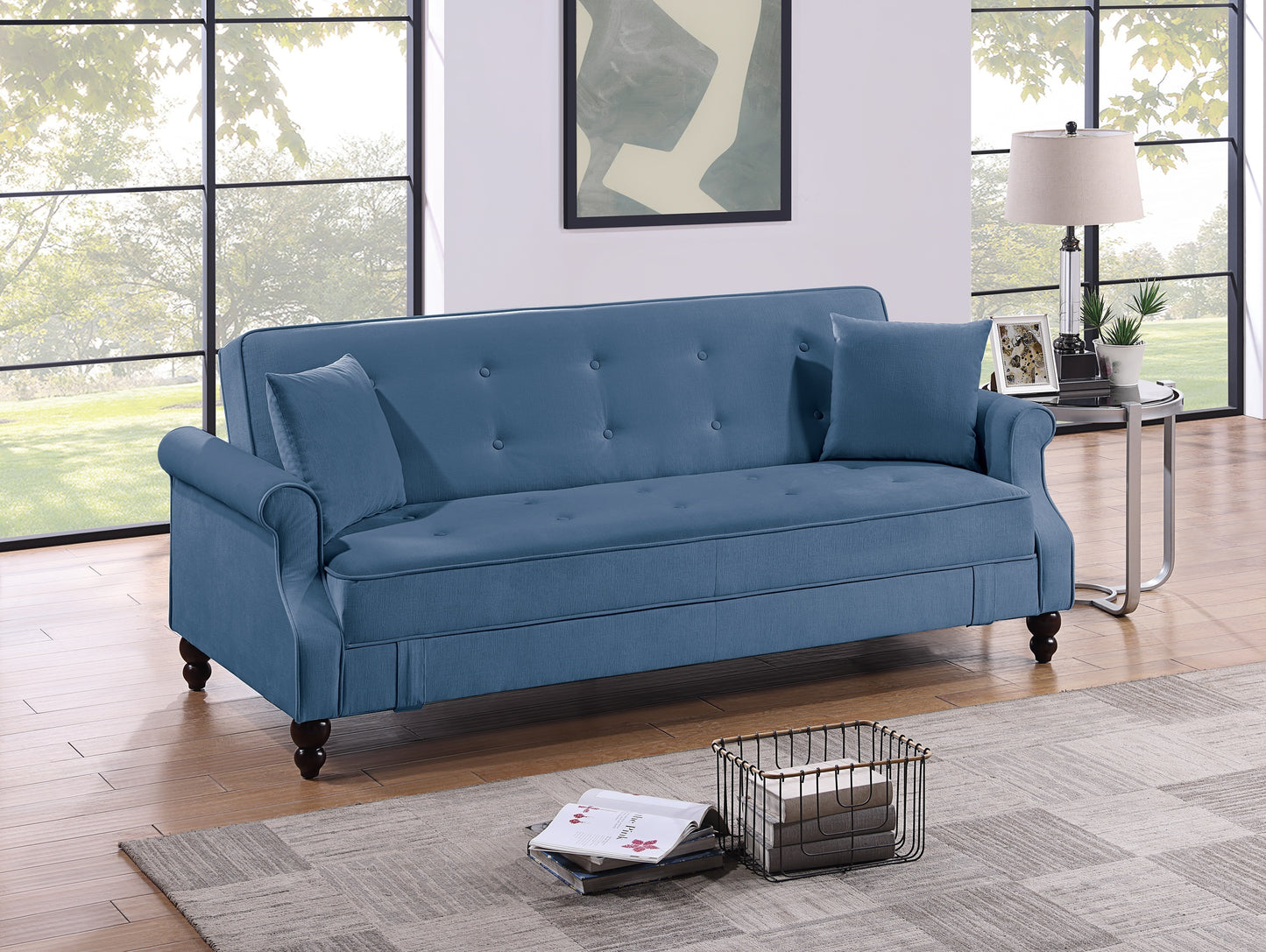 84-Inch Convertible Sofa with Storage, Tufted Back, Rolled Arms, Burnt-Out Fabric, Living Room Sofa Blue