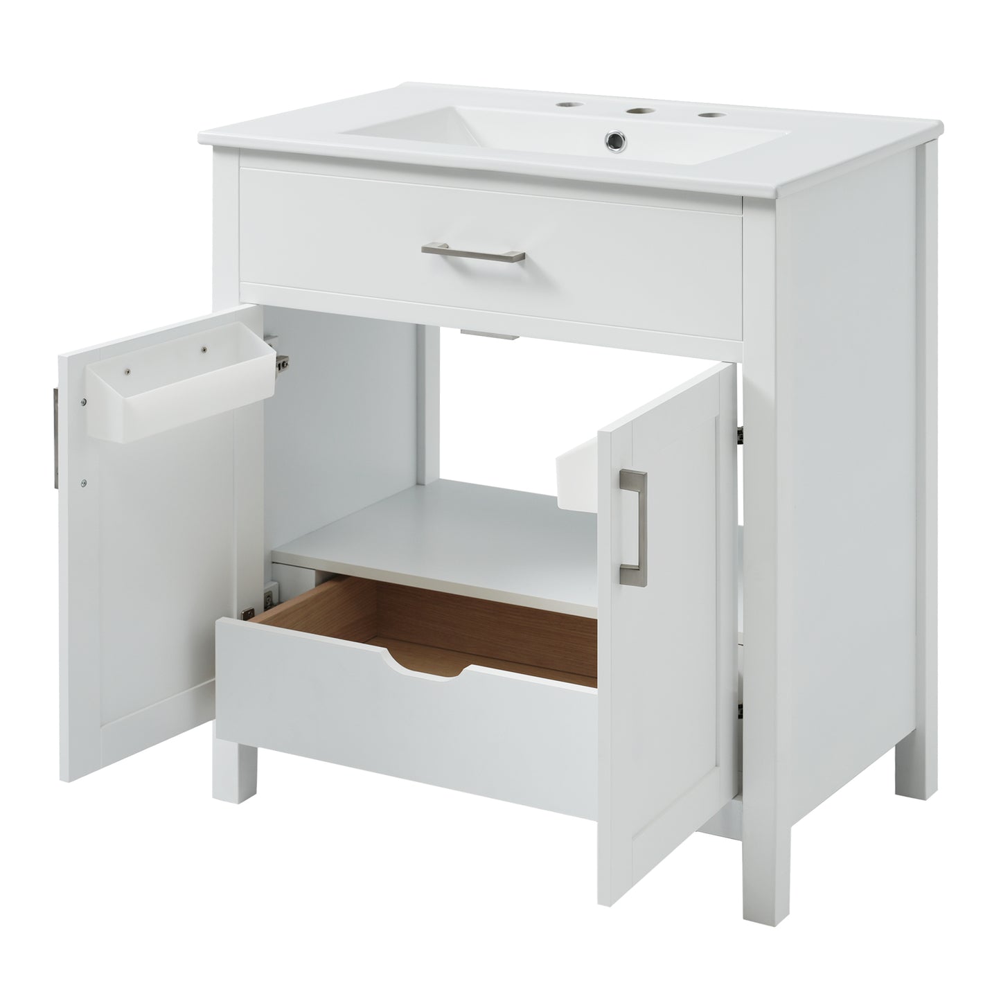Elegant 30-Inch White Bathroom Vanity with Ceramic Sink and Ample Storage for Compact Spaces