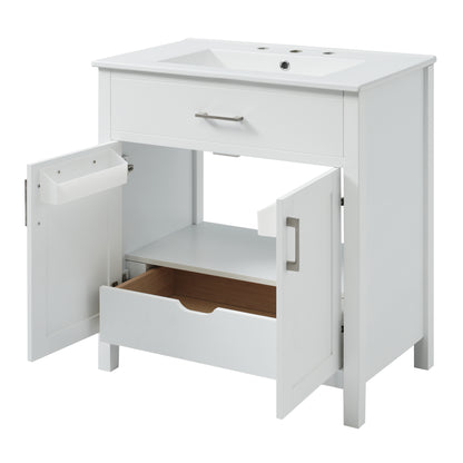 Elegant 30-Inch White Bathroom Vanity with Ceramic Sink and Ample Storage for Compact Spaces