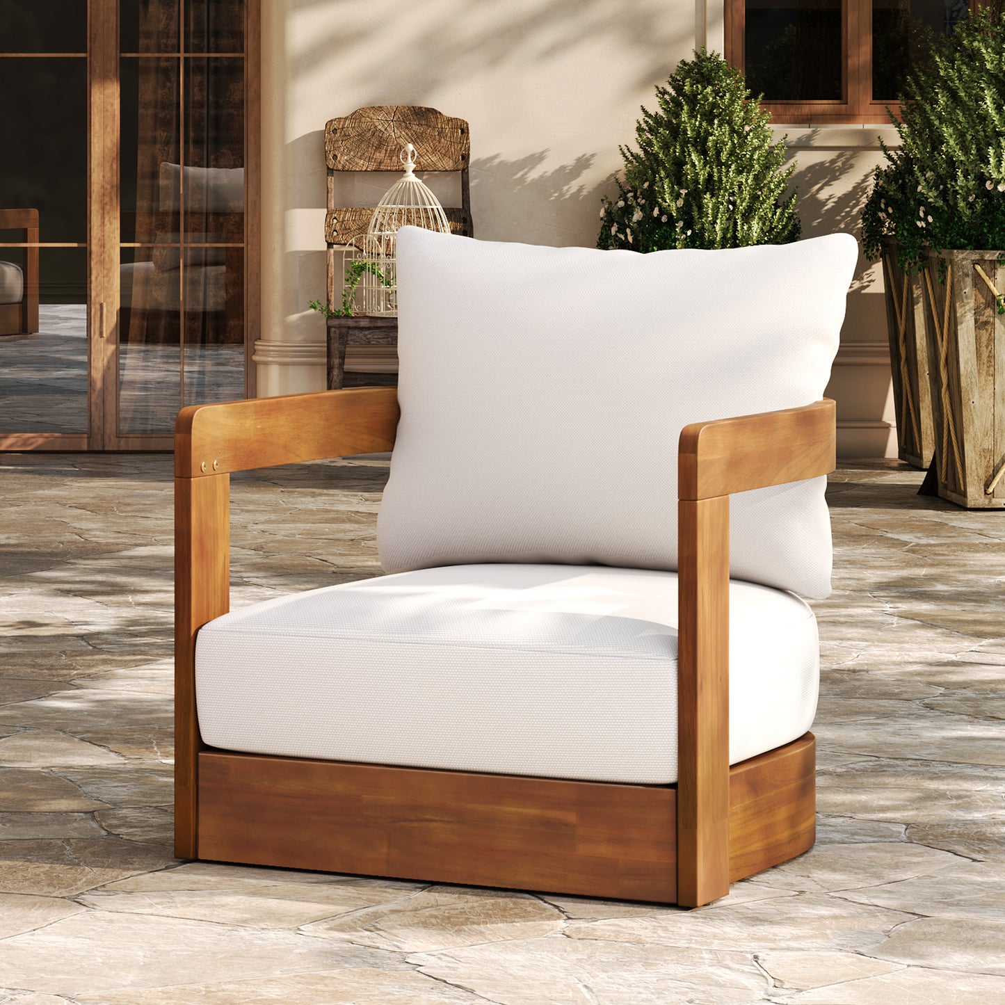 Acacia Wood Outdoor Club Chair With Curved Tub Design Water-Resistant Cushions All-Weather Slat Construction Teak Beige