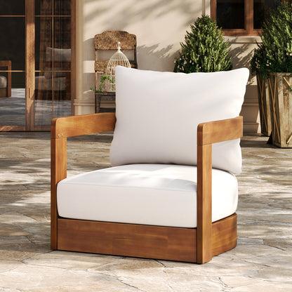 Acacia Wood Outdoor Club Chair With Curved Tub Design Water-Resistant Cushions All-Weather Slat Construction Teak Beige